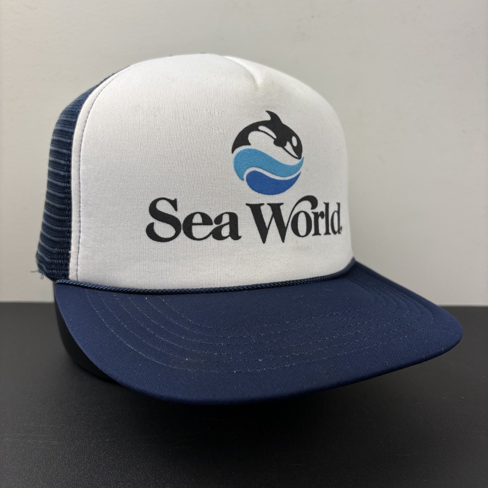 Vintage 90s Sea World Shamu Orca Whale White Navy Rope Trucker Snapback Hat Cap